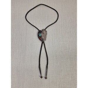 David F Garcia Vintage Bolo Tie Silver Turquoise Coral Leaf Leather Rare